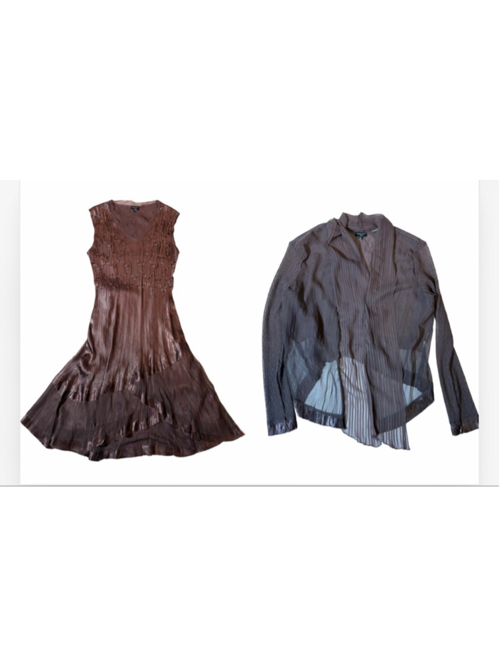 Komarov 2 Piece Set XL Crinkle Pleated Brown Dress Jacket Duster Tiered USA
